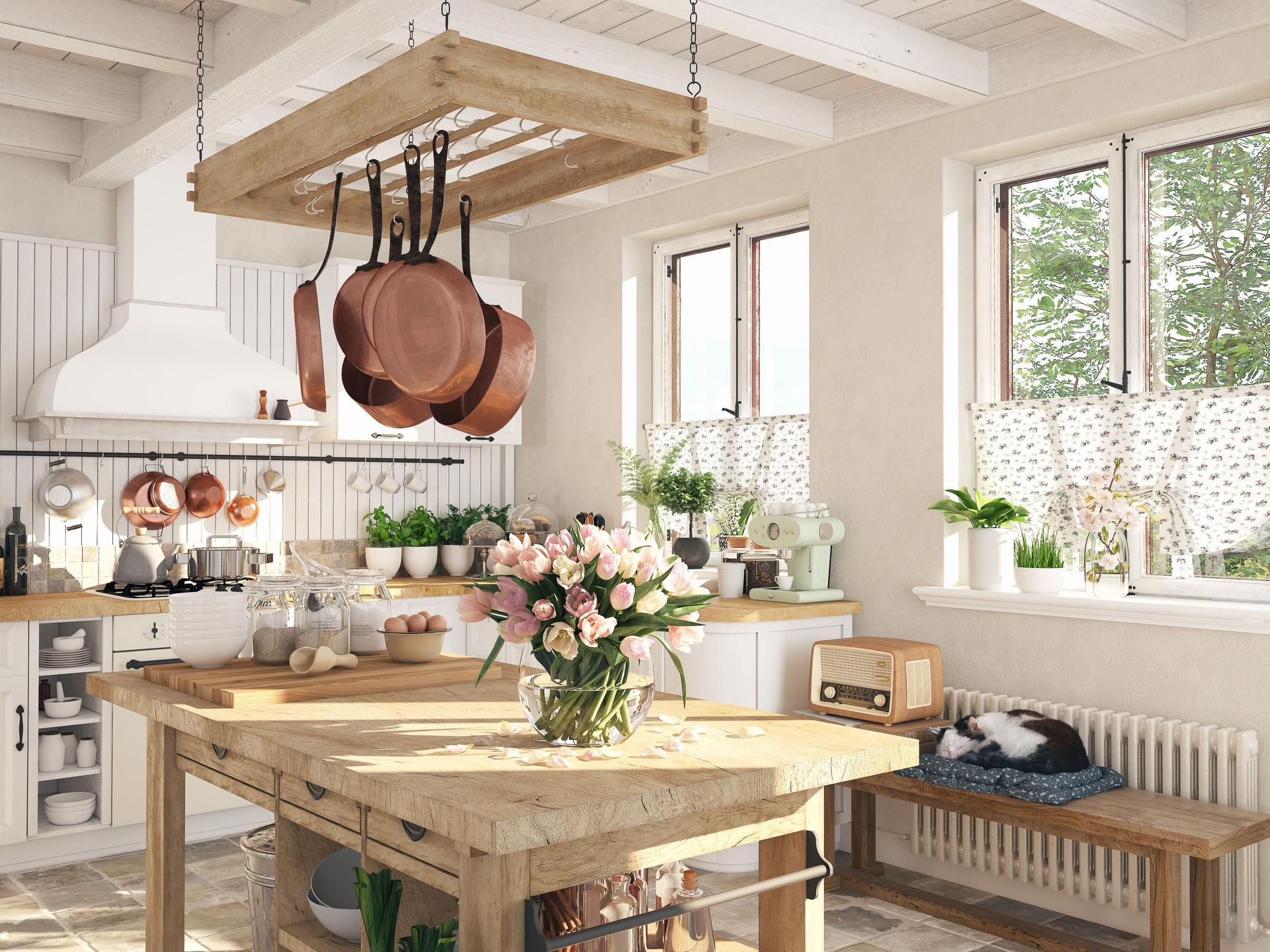 retro kitchen in a cottage with sleeping cat. 3D RENDERING